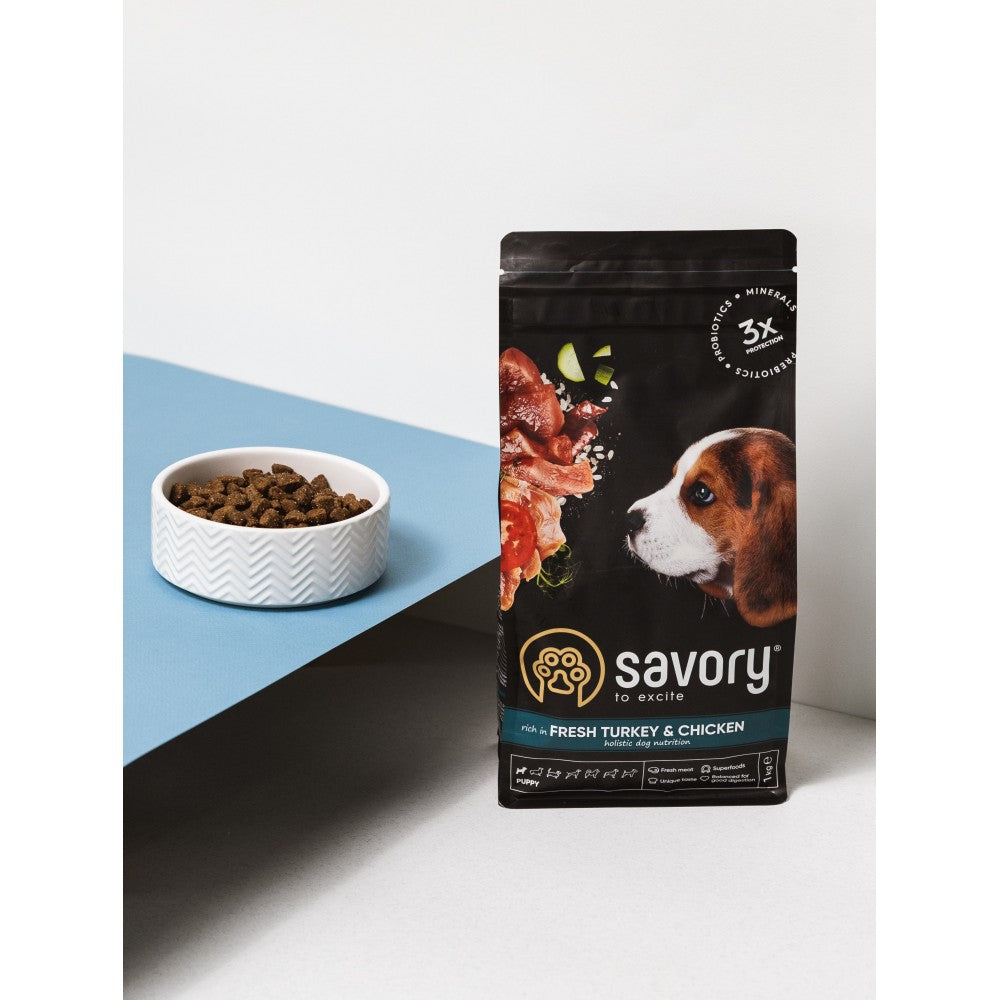 Сухий корм Savory Puppy для цуценят усіх порід, зі свіжою індичкою і куркою
