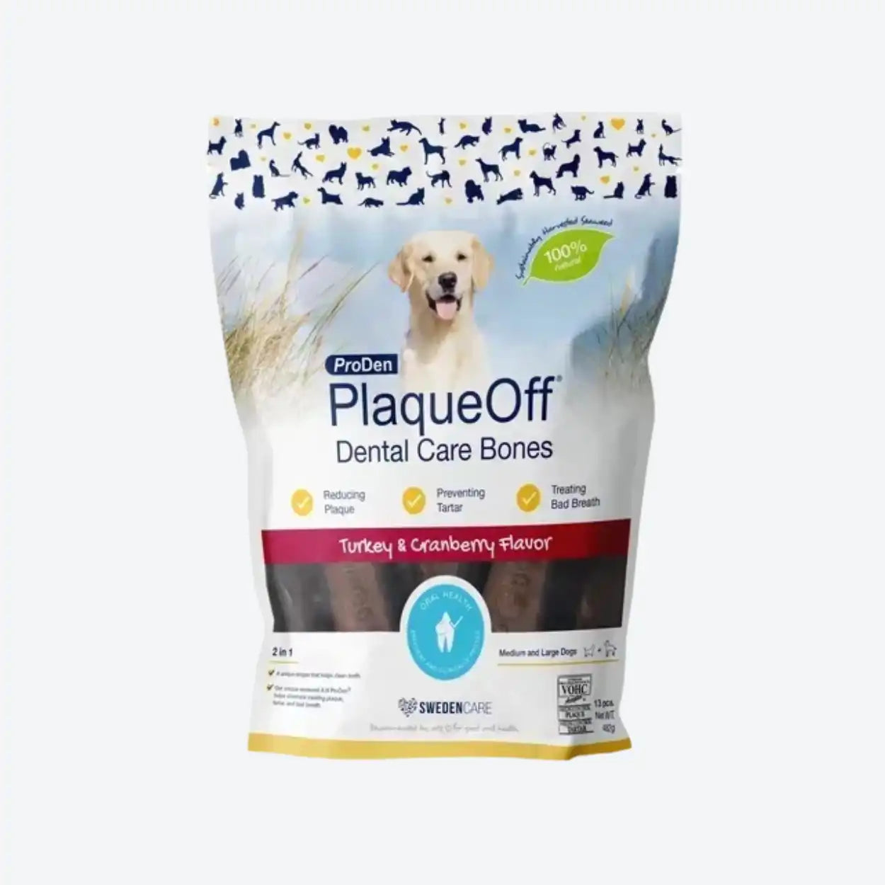 PlaqueOff System Dental Care Bones - Жувальні кісточки для собак зі смаком індички та журавлини, 482 г