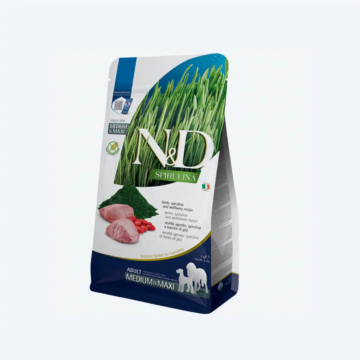 Сухий беззерновий корм Farmina N&D SPIRULINA для дорослих собак середніх і великих порід, з ягням, спіруліною та ягодами годжі