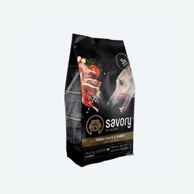 Сухий корм Savory для собак усіх порід, зі свіжою качкою й кроликом