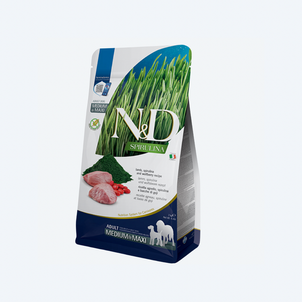 Сухий беззерновий корм Farmina N&D SPIRULINA для дорослих собак середніх і великих порід, з ягням, спіруліною та ягодами годжі