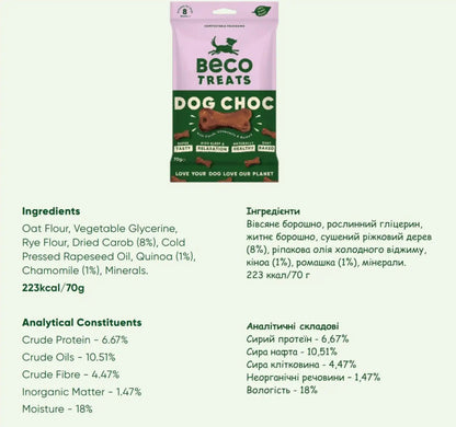 Печиво для собак Beco Pets Шоколад з керобом, ромашкою та кіноа 70 г (рослинний білок)
