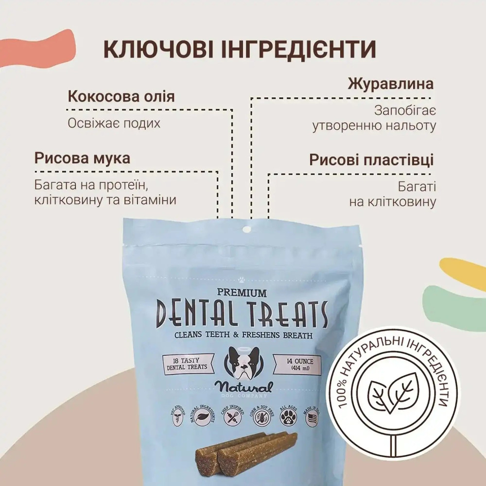 Веганські гіпоалергенні ласощі для чистки зубів Natural Dog Company Dental Treats, 18 шт.
