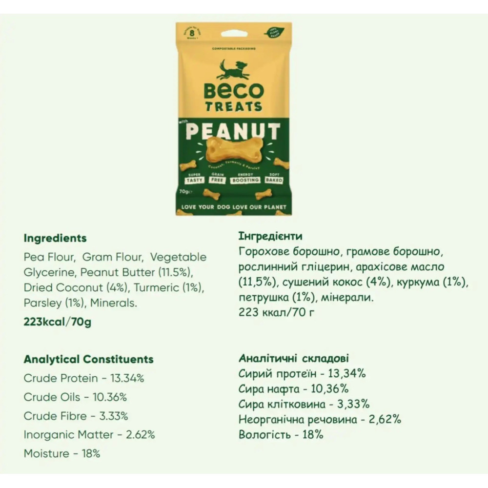 Печиво для собак Beco Pets Арахіс з кокосом і куркумою 70 г (рослинний білок), 70 грам.