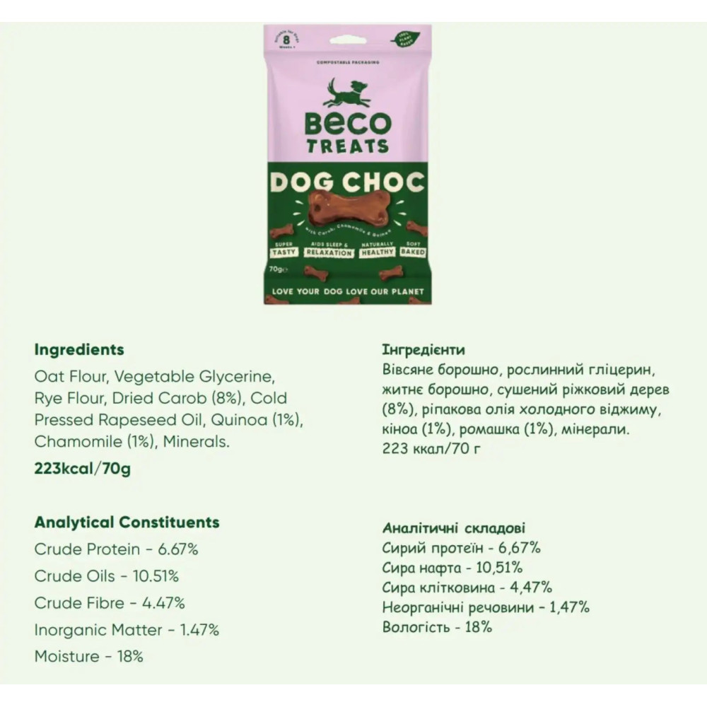 Печиво для собак Beco Pets Шоколад з керобом, ромашкою та кіноа 70 г (рослинний білок), 70 грам.