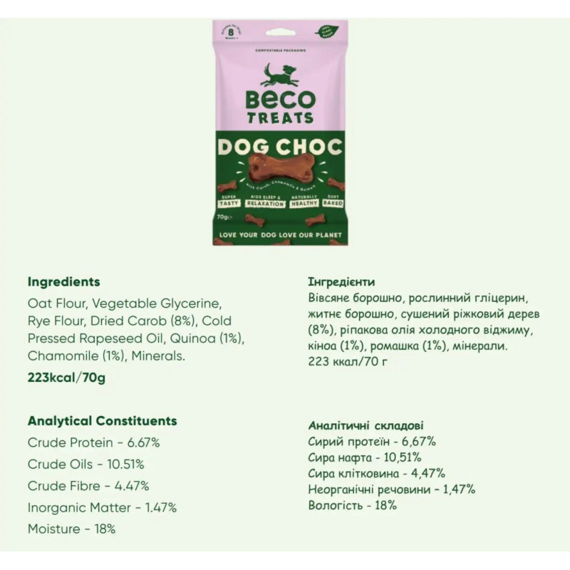 Печиво для собак Beco Pets Шоколад з керобом, ромашкою та кіноа 70 г (рослинний білок), 70 грам.