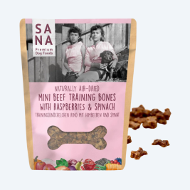 Міні-кісточки для тренування SANADOG – яловичина з малиною та шпинатом, 100 грам.
