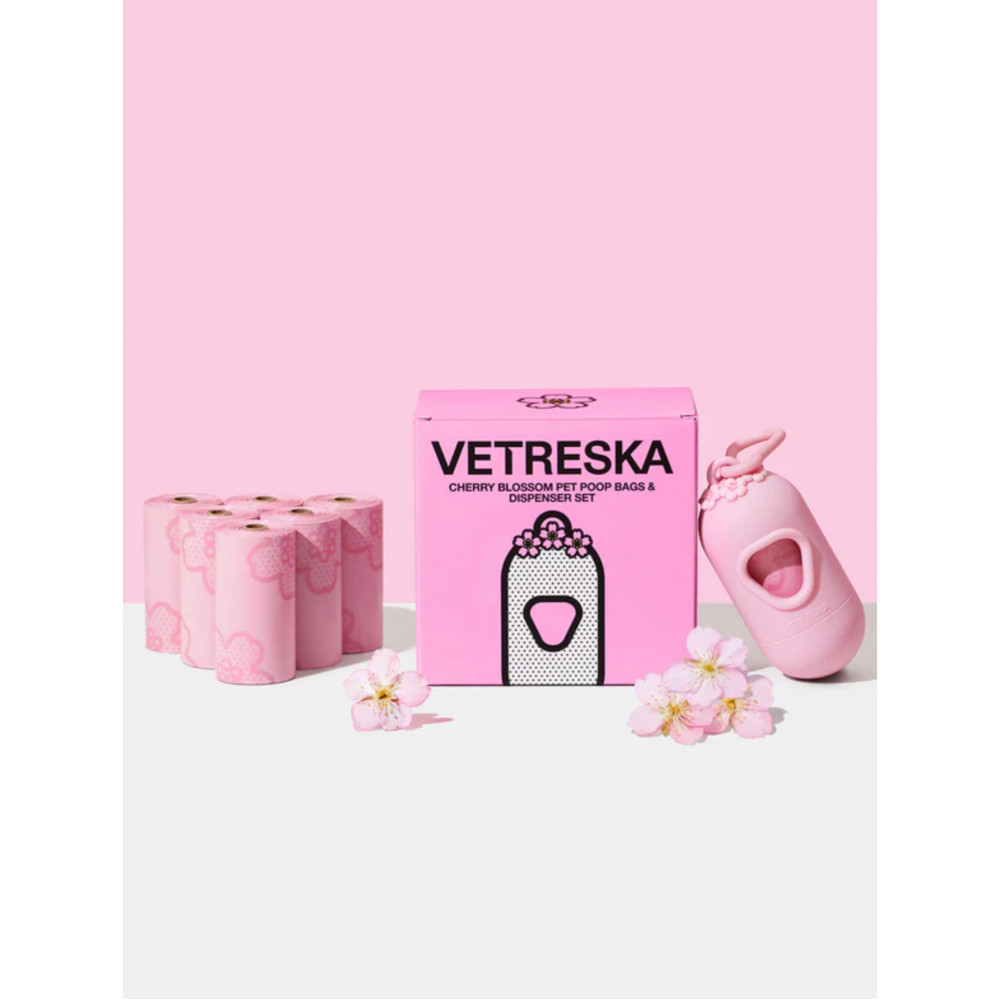 Набір біорозкладних пакетів для прибирання Vetreska Cherry Blossom з ароматом квітучої вишні + диспенсер, 7 рулонів