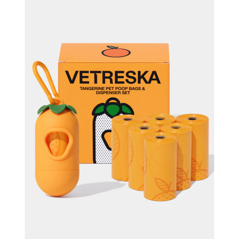 Набір біорозкладних пакетів для прибирання Vetreska Tangerine (7 рулонів) + диспенсер з ароматом мандарина