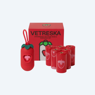 Набір біорозкладних пакетів Vetreska Strawberry 7 рулонів з ароматом полуниці + диспенсер