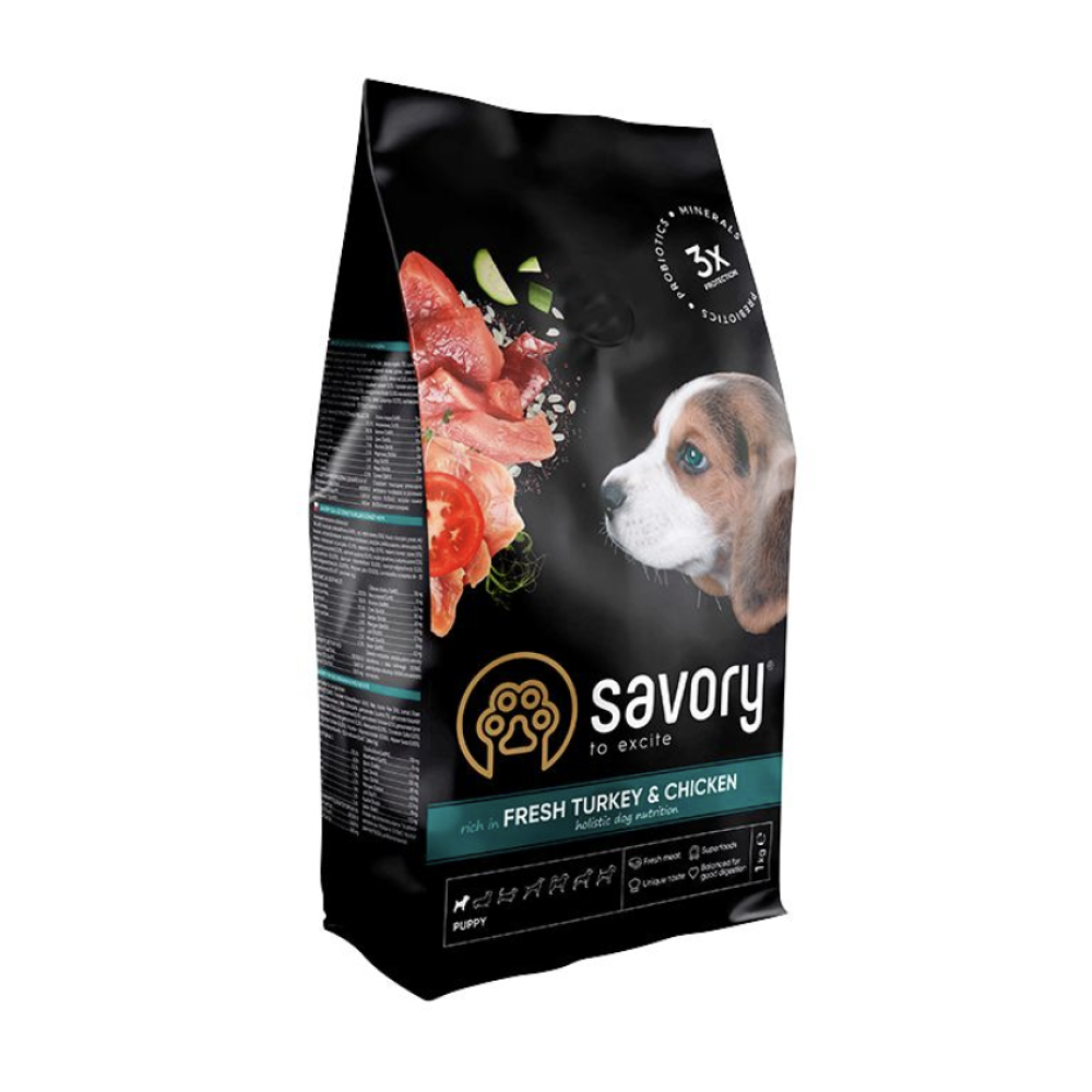 Сухий корм Savory Puppy для цуценят усіх порід, зі свіжою індичкою і куркою